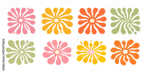Groovy abstract flower art set. Organic doodle shapes in trendy naive retro hippie 60s 70s style. Contemporary poster and background. Floral botanic vector illustration