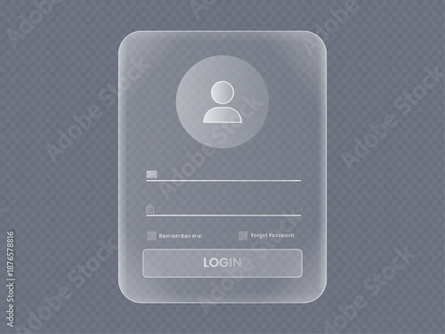 User interface login panel with Liquid glass on transparent background. Account access form with email and password inputs, remember me and forgot password options and login button icons , vector.