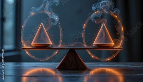 Balance of Concepts: An abstract composition, featuring two delicately balanced objects, each enclosed within a glowing aura of energy and subtle wisps of vapor.