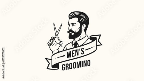 Barber holding scissors for men grooming logo.