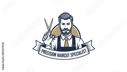 Barber holding scissors with precision haircut specialist text.