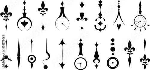 Vintage Ornate Clock Hands and Decorative Fleur De Lis Design Elements Collection Featuring Gothic Vector Silhouettes for Antique Timepiece Repair and Elegant Graphic Border Embellishments