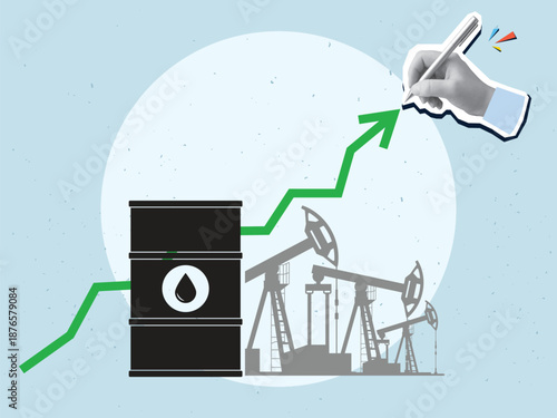 A black and white hand draws a rising green arrow against the background of a barrel of oil and oil rigs. The concept of rising oil prices. Modern photo collage style. Vector illustration