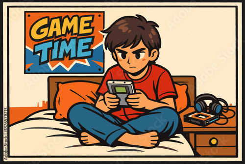 Young asian boy playing handheld game console in bedroom