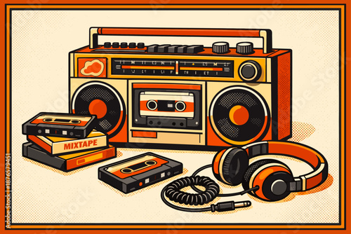 Vintage boombox and cassette collection with headphones in retro style