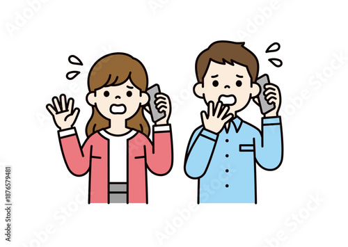 焦った様子でスマホで会話する、若い男性と女性・夫婦のベクターイラスト素材セット＿カラー