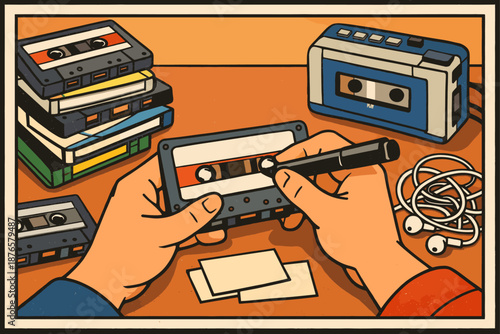 Retro cassette tape scene with hands labeling mix tapes and portable player
