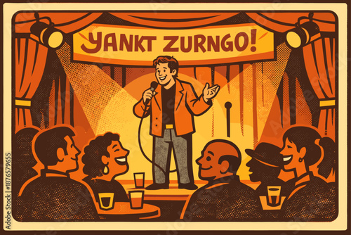 Male comedian performing on stage in vintage comedy club poster