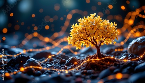 Golden tree of energy: A vibrant tree, bathed in a radiant golden glow, stands strong amidst a rocky landscape. The surrounding ethereal aura adds a touch of magic, and symbolizes growth, energy.