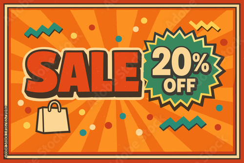 Bright orange sale banner with 20% off discount and shopping bag icon
