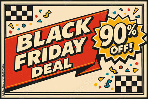 Black friday deal banner with 90% off in retro style design