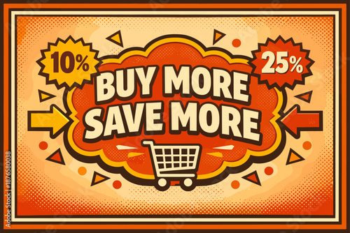 Buy more save more sale banner with shopping cart and discount badges