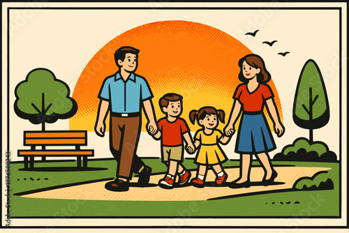 Family walk in park at sunset with caucasian adults and children
