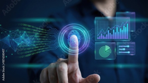 Person authenticating with glowing biometric fingerprint scanner in a modern dat