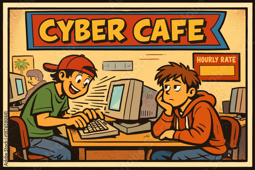 Energetic young caucasian males in retro cyber cafe setting with computers and hourly rates