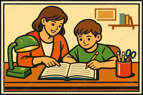 Smiling woman helping young boy with homework at desk