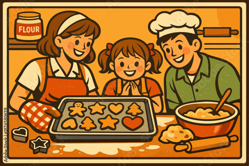 Family baking time with cookies: caucasian adults and child enjoy kitchen fun