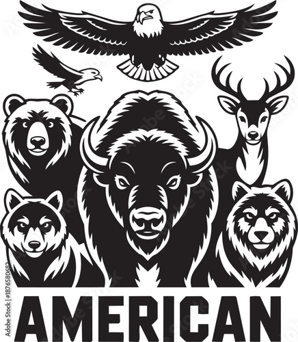 American wildlife animals vector collection with eagle buffalo bear wolf and deer silhouettes