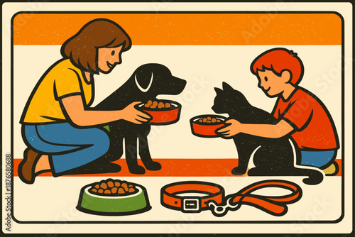 Caucasian young children feeding pets with care: dog and cat interaction