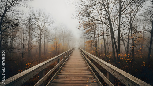 Foggy wooden boardwalk through a misty forest with bare trees on a gloomy day