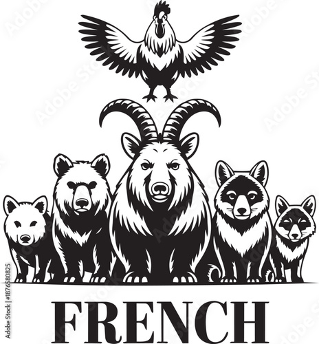 French wild animals composition featuring imposing horned goat central figure flanked by bears and foxes vector artwork