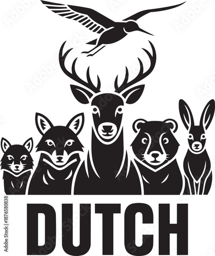 Dutch wildlife animals illustration with bird deer fox badger and text