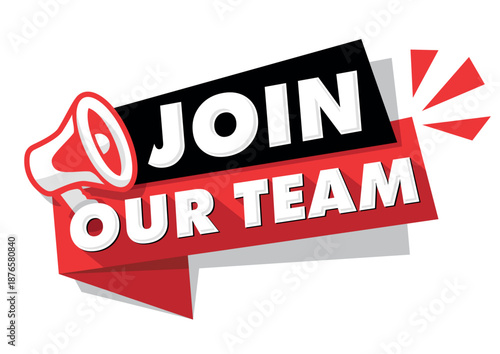 Join Our Team lettering with megaphone. Job vacancy. We are Hiring Badge. Business Recruiting Concept. Vector template on transparent background