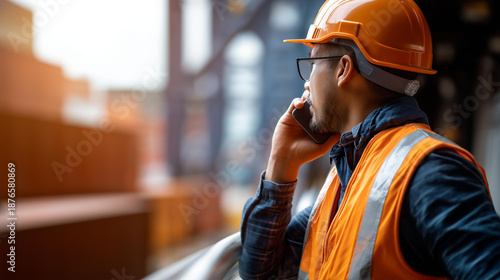 Faceless worker in safety vest reflective with safety helmet talking to phone in container yard, port communication, logistics phone call, defocused person, with copy space