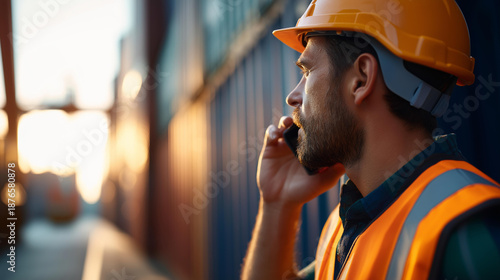Faceless worker in safety vest reflective with safety helmet talking to phone in container yard, port communication, logistics phone call, defocused person, with copy space