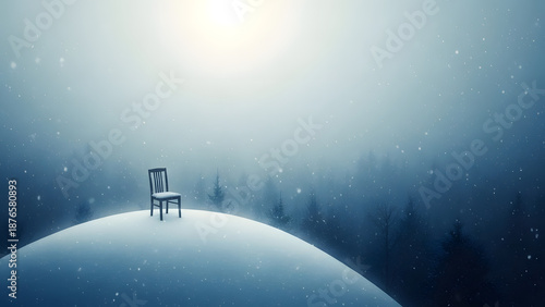 Lonely chair on top of a planet with a bright sun in the background of a futuristic landscape