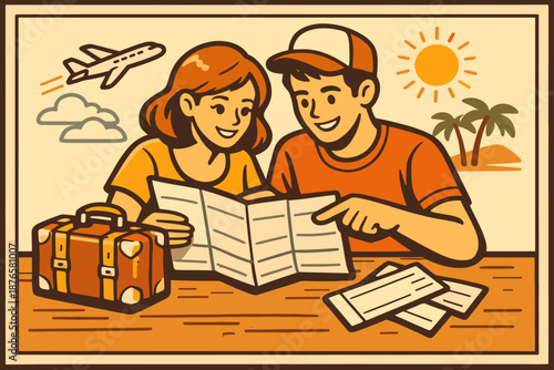 Young caucasian couple planning trip with map and tickets in tropical setting