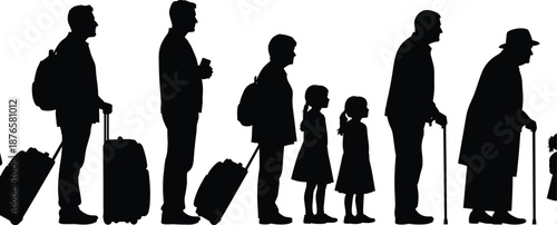 Silhouette of human life stages from childhood to old age, aging progression concept, black and white graphic, transparent background illustration