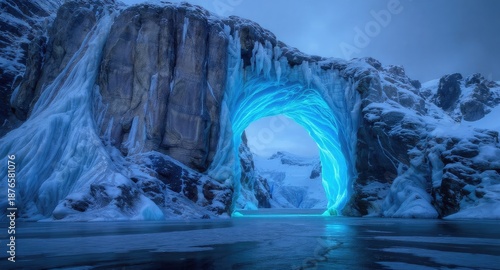 Frozen archway in icy landscape