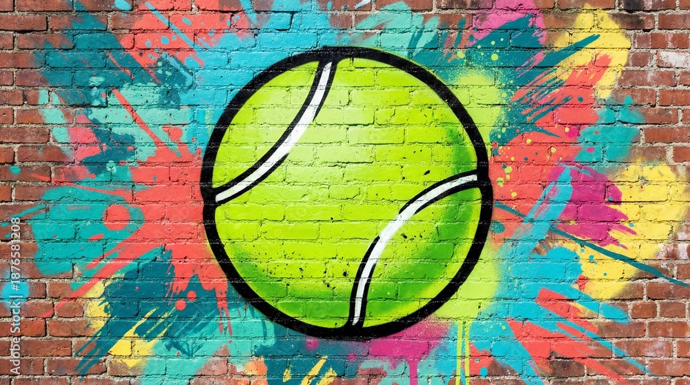 Fototapeta premium Pop art comic street graffiti with Tennis Ball on brick wall. Urban street style grunge poster concept. Tennis tournament background.