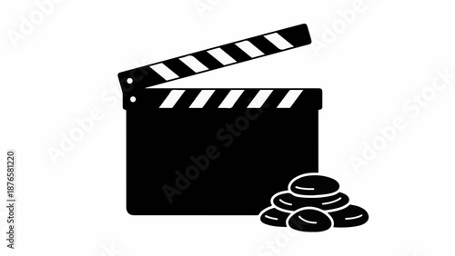 Classic film clapperboard with stacked smooth stones symbolizing production and balance