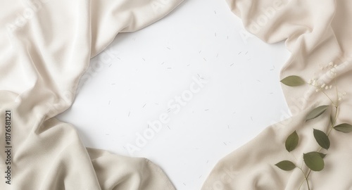 Beige fabric draped, white background, sprigs