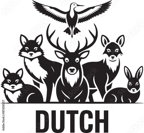 Set of dutch animals on transparent background black and white vector illustration with text