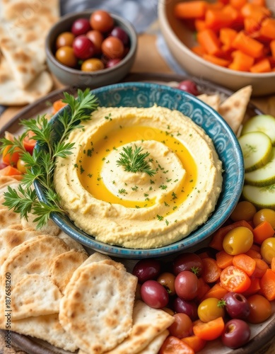 Hummus platter with pita chips, olives, and vegetables
