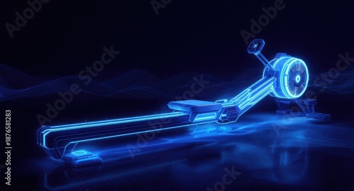 Futuristic, glowing blue, exercise machine