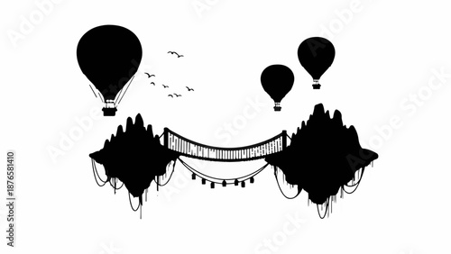 Whimsical hot air balloons float above surreal floating islands connected by a bridge.
