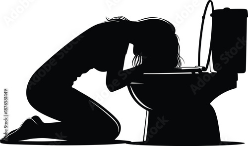 Silhouette of person kneeling over toilet, physical distress pose, black and white graphic, transparent background, sickness and vulnerability illustration