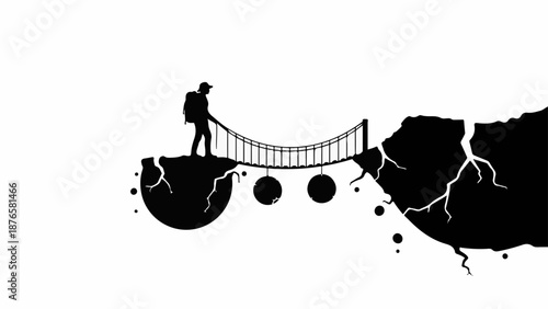 Lone adventurer crosses precarious bridge over chasm, symbolizing overcoming challenges