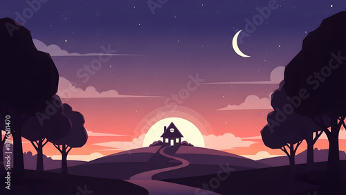 A peaceful countryside scene at dusk with a horse and carriage on a winding road