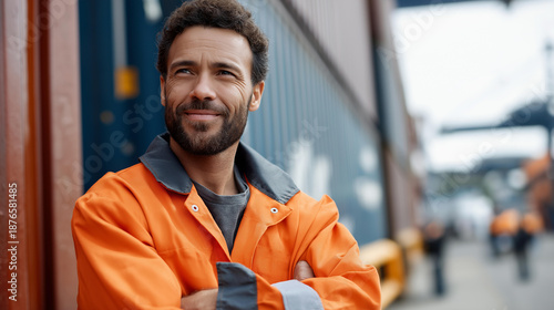 Faceless confident man in orange work uniform stands near shipping containers, representing shipping industry and hard work, logistics professional, defocused person, with copy space