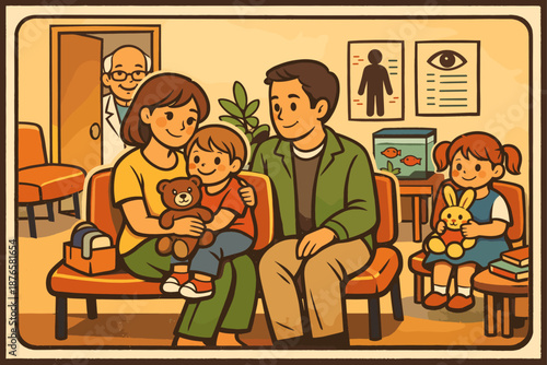 Young caucasian family in pediatric waiting room with doctor approaching