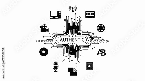 Digital authenticity concept with iconic technology symbols around a central circuit board.