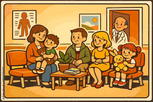 Happy family in doctor's waiting room with toys and smiling physician