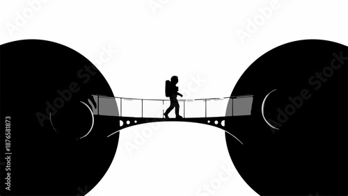 Lone explorer crosses a futuristic bridge connecting two vast unknown worlds.