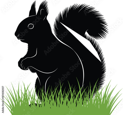 Silhouette of squirrel standing upright in grass, bushy tail curled, black and white graphic, transparent background, wildlife and nature illustration