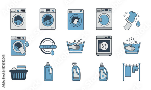 Adobe Illustrator Artwork Laundry Service and Washing Machine Icon Set for Household Care Design